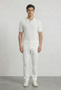 Front image of a model wearing the Deep river button knit polo in white, by brand Deep