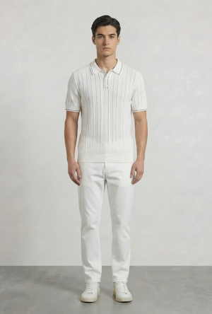 Front image of a model wearing the Deep river button knit polo in white, by brand Deep