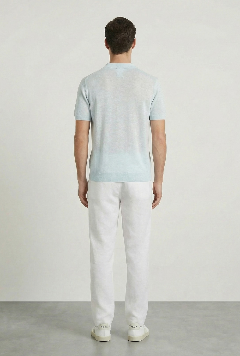 Back image of a model wearing Deep rocco open neck polo in light blue, by brand Deep