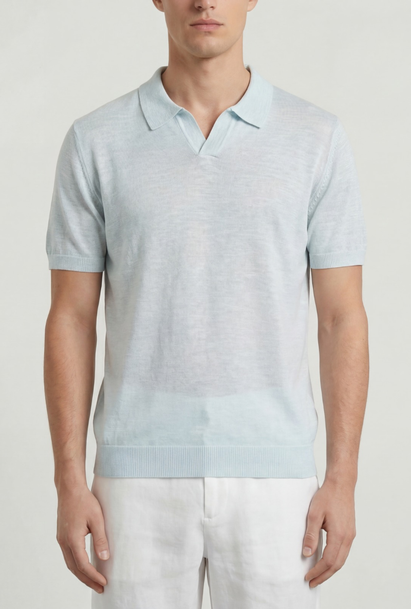 Front image of a model wearing Deep rocco open neck polo in light blue, by brand Deep