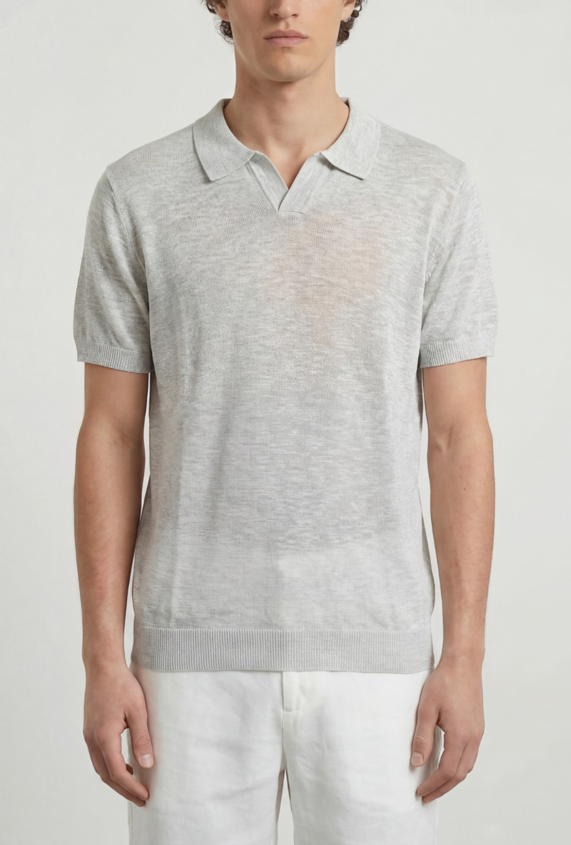 Front image of a model wearing Deep rocco open neck polo in light grey, by brand Deep