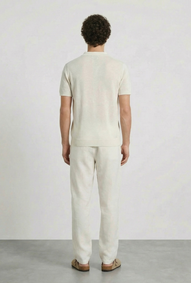 Back image of a model wearing Deep rocco open neck polo in off white, by brand Deep