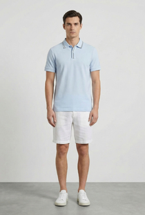 Front image of a model wearing the Deep roman button polo in light blue, by brand Deep