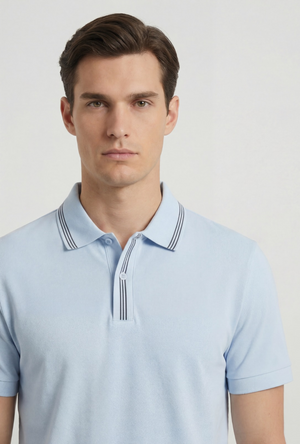 Front image of a model wearing the Deep roman button polo in light blue, by brand Deep