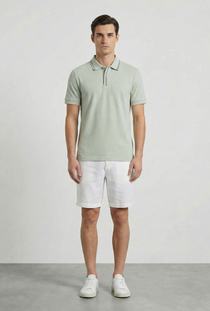Front image of a model wearing the Deep roman button polo in light green, by brand Deep