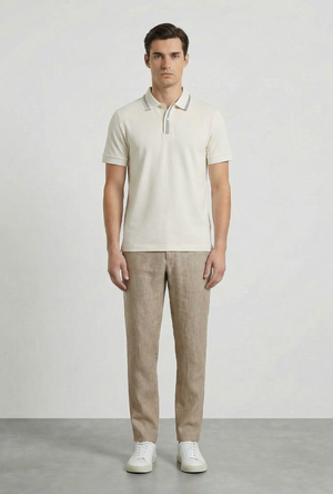 Front image of a model wearing the Deep roman button polo in white, by brand Deep