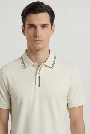 Front image of a model wearing the Deep roman button polo in white, by brand Deep