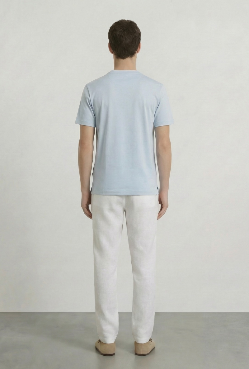 Back image of a model wearing Deep ronan round neck tshirt in light blue, by brand Deep