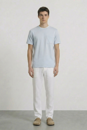 Front image of a model wearing Deep ronan round neck tshirt in light blue, by brand Deep