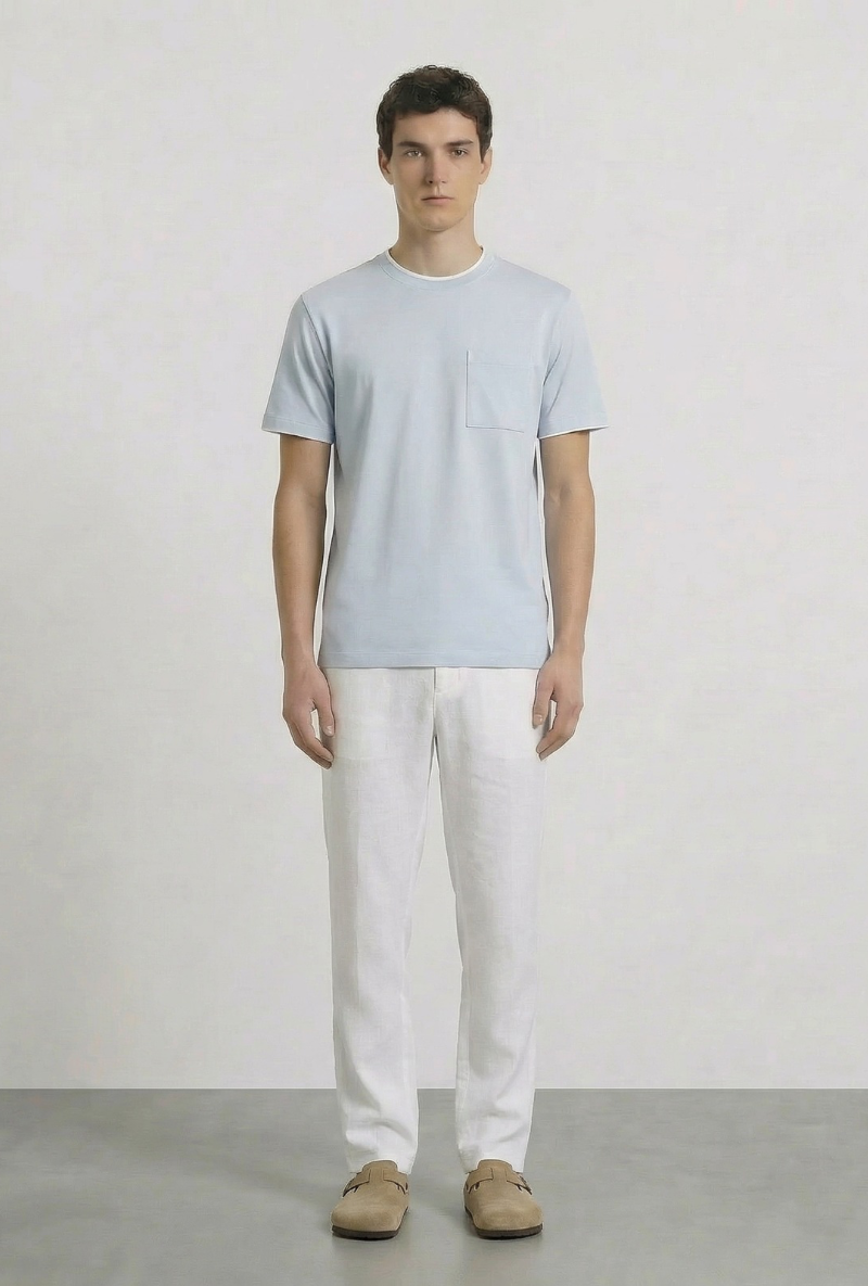 Front image of a model wearing Deep ronan round neck tshirt in light blue, by brand Deep