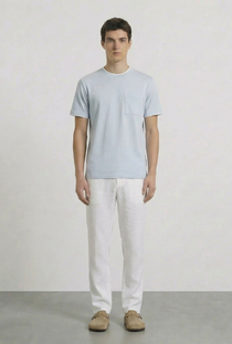 Front image of a model wearing the Deep ronan round neck tshirt in light blue, by brand Deep