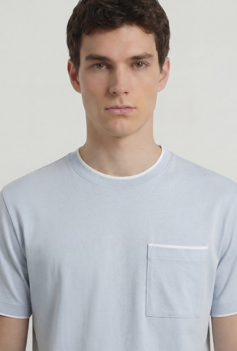Front image of a model wearing Deep ronan round neck tshirt in light blue, by brand Deep