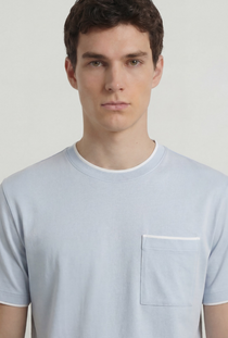 Front image of a model wearing the Deep ronan round neck tshirt in light blue, by brand Deep