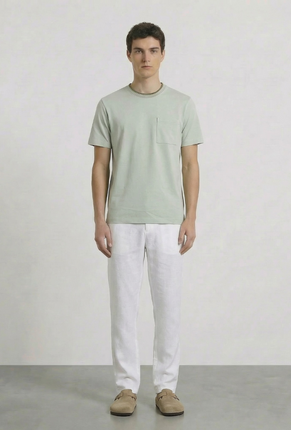 Front image of a model wearing Deep ronan round neck tshirt in light green, by brand Deep