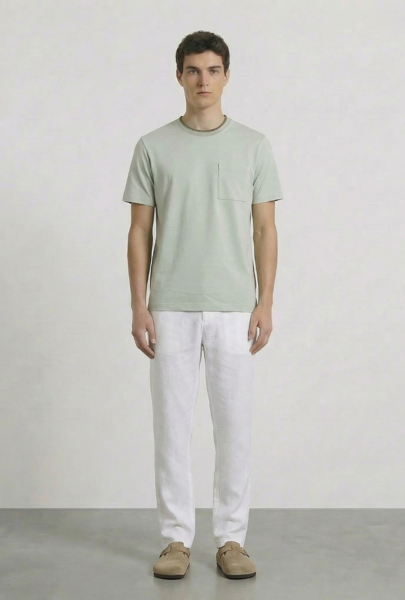 Front image of a model wearing Deep ronan round neck tshirt in light green, by brand Deep