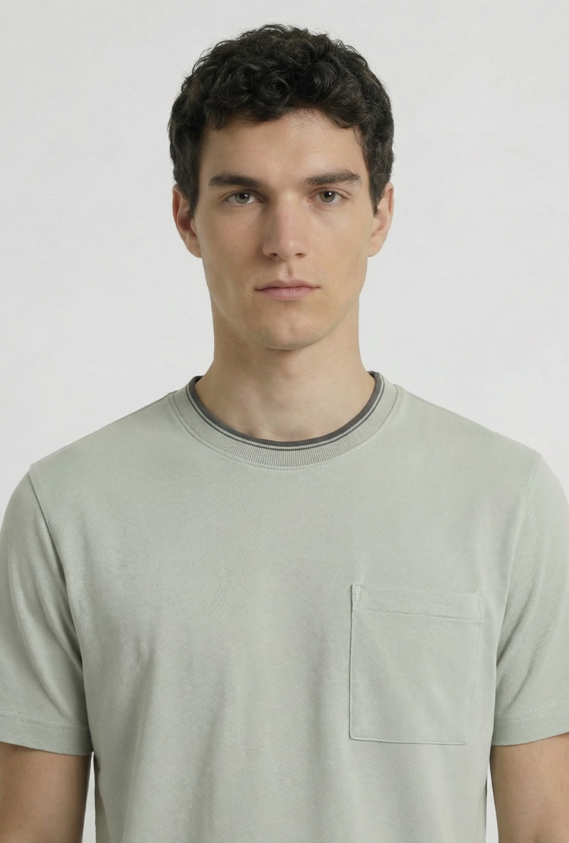 Front image of a model wearing Deep ronan round neck tshirt in light green, by brand Deep