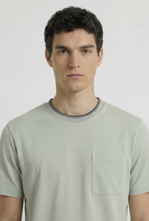 Front image of a model wearing the Deep ronan round neck tshirt in light green, by brand Deep