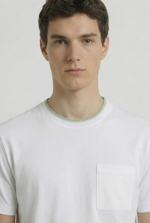 Front image of a model wearing the Deep ronan round neck tshirt in white, by brand Deep
