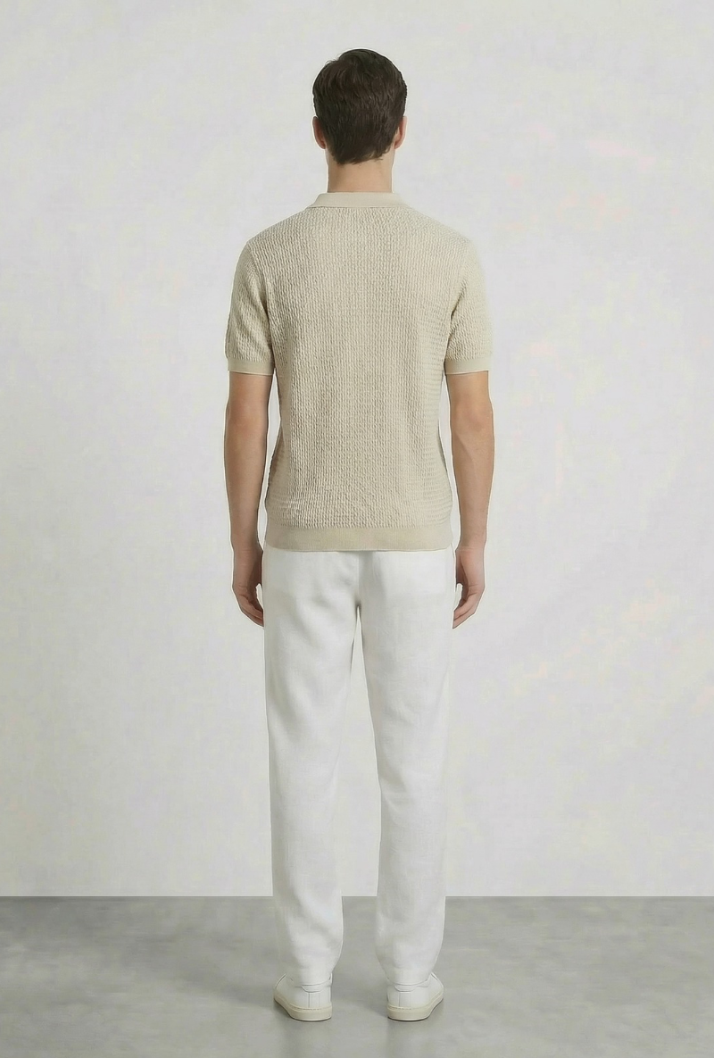 Back image of a model wearing Deep rory open neck polo in beige, by brand Deep
