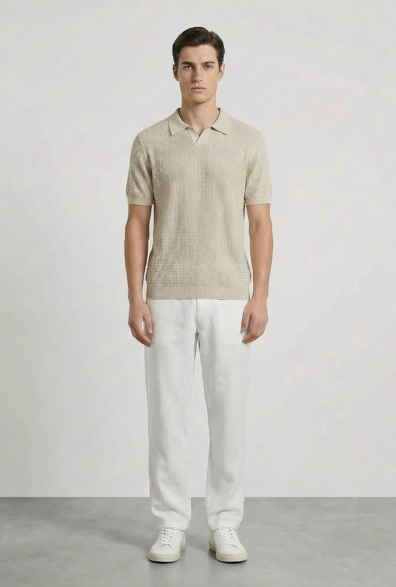 Front image of a model wearing Deep rory open neck polo in beige, by brand Deep