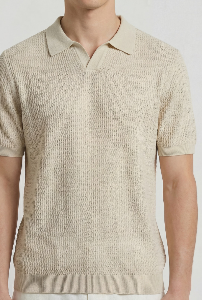 Front image of a model wearing Deep rory open neck polo in beige, by brand Deep