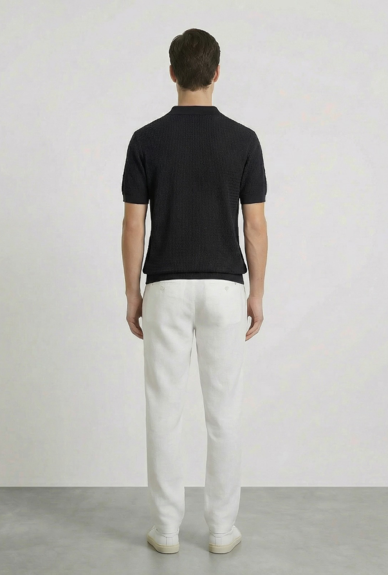 Back image of a model wearing Deep rory open neck polo in black, by brand Deep