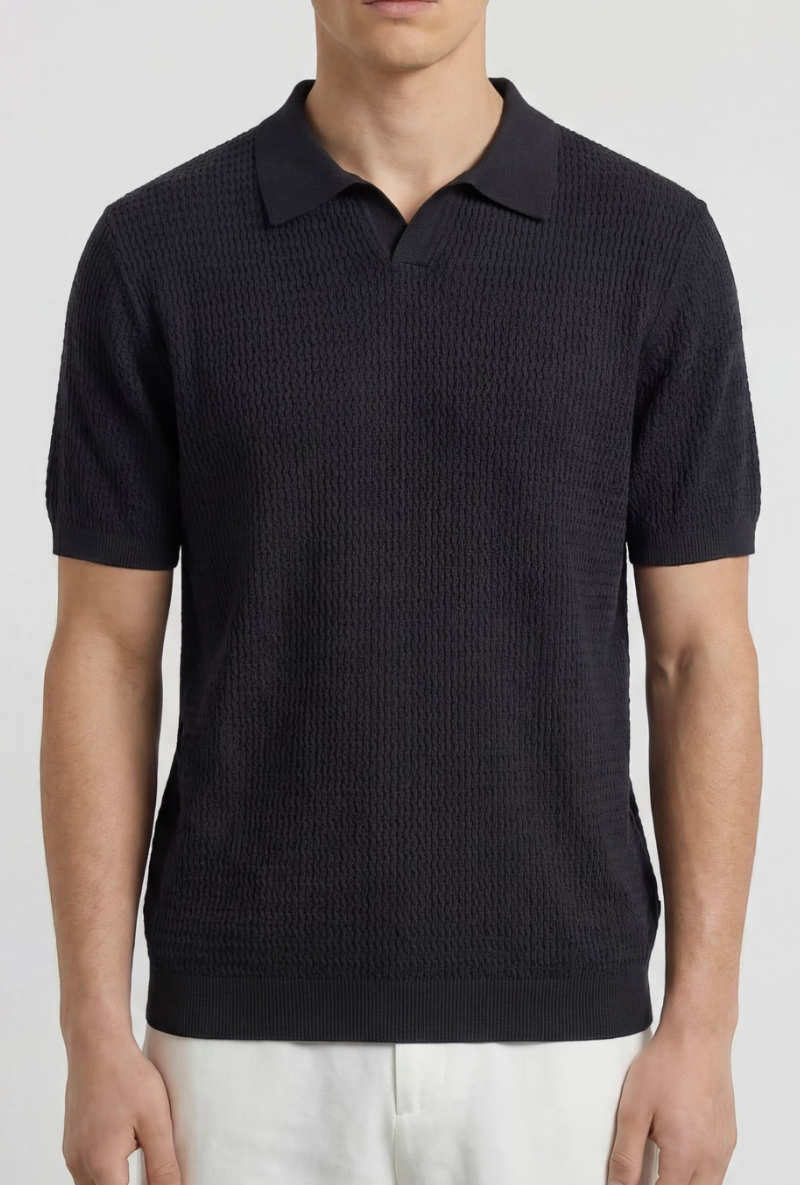 Front image of a model wearing Deep rory open neck polo in black, by brand Deep