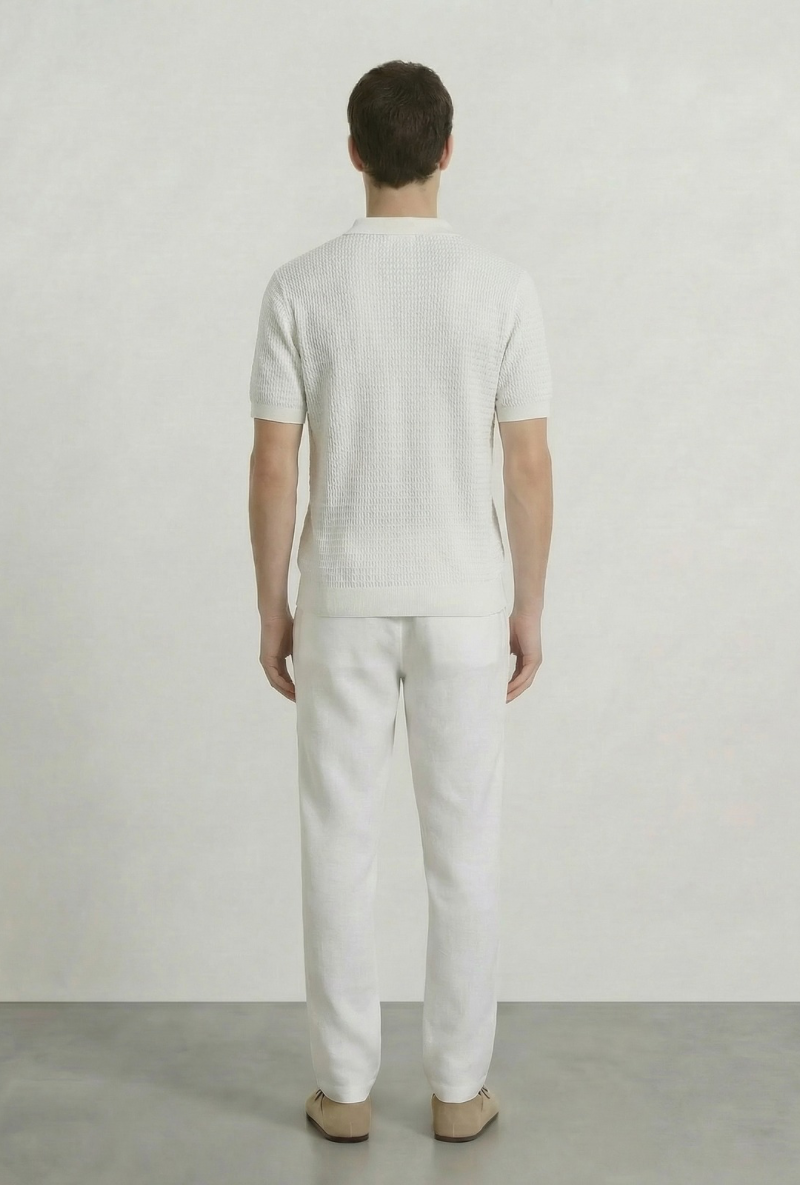Back image of a model wearing Deep rory open neck polo in white, by brand Deep