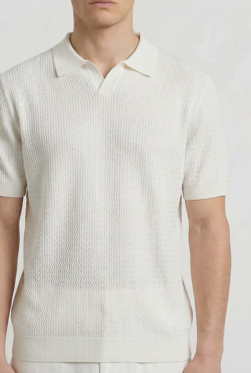 Front image of a model wearing Deep rory open neck polo in white, by brand Deep