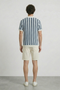 Back image of a model wearing the Deep rudy stripe knit polo in light blue, by brand Deep
