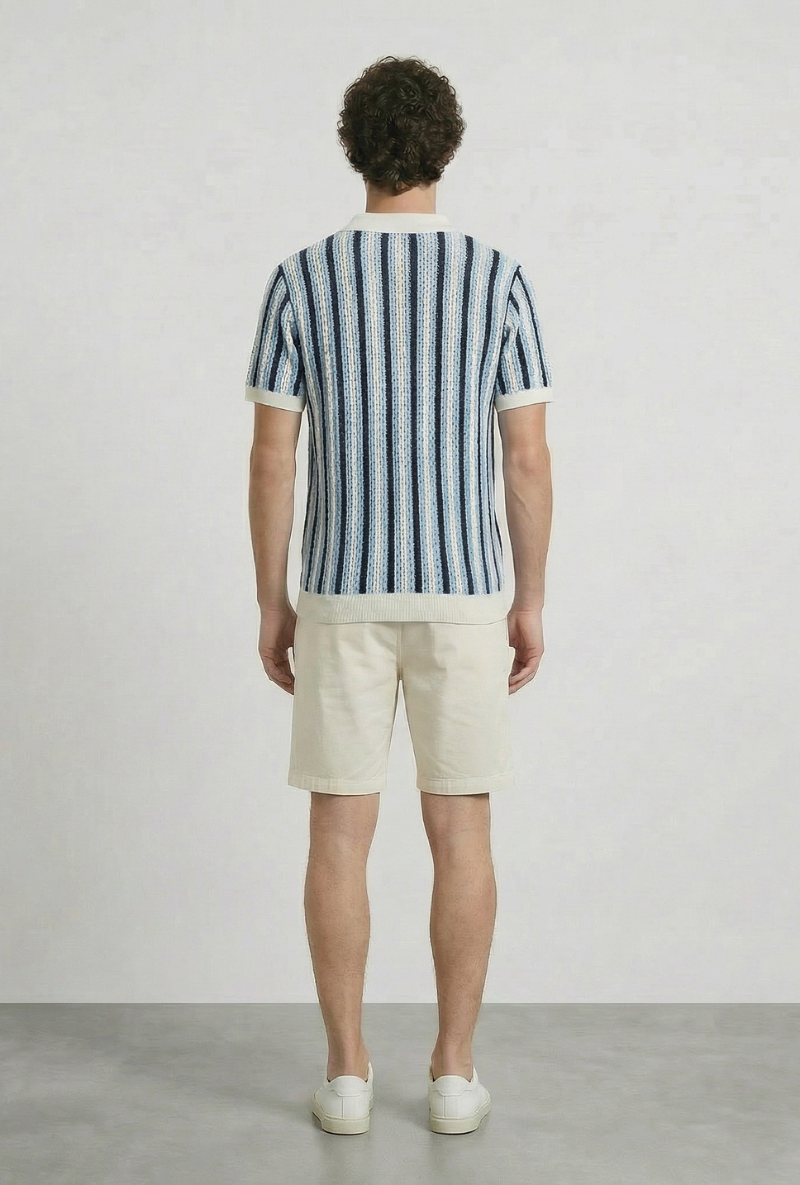 Back image of a model wearing Deep rudy stripe knit polo in light blue, by brand Deep