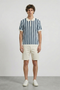 Front image of a model wearing Deep rudy stripe knit polo in light blue, by brand Deep