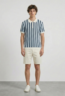 Front image of a model wearing the Deep rudy stripe knit polo in light blue, by brand Deep