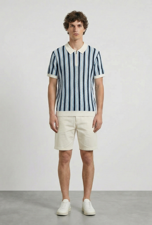 Front image of a model wearing the Deep rudy stripe knit polo in light blue, by brand Deep