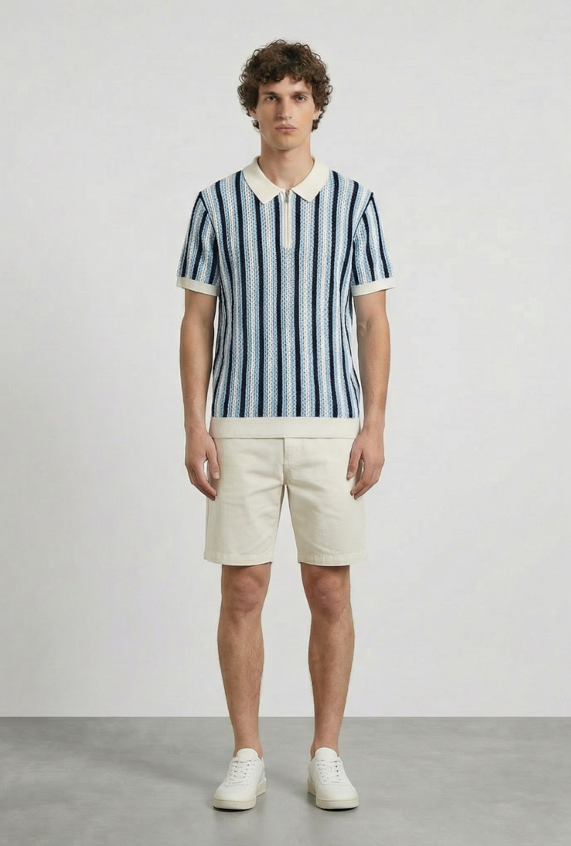 Front image of a model wearing Deep rudy stripe knit polo in light blue, by brand Deep
