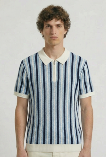 Front image of a model wearing the Deep rudy stripe knit polo in light blue, by brand Deep
