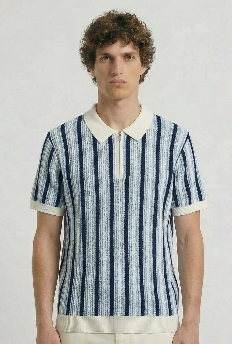 Front image of a model wearing Deep rudy stripe knit polo in light blue, by brand Deep