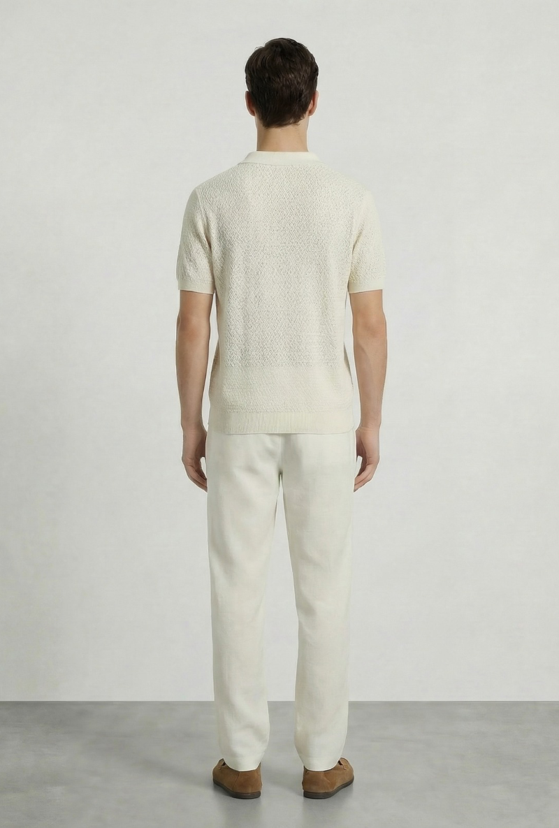 Back image of a model wearing Deep ryker open neck polo in beige, by brand Deep