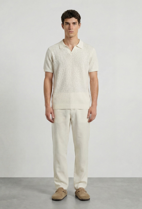 Front image of a model wearing Deep ryker open neck polo in beige, by brand Deep