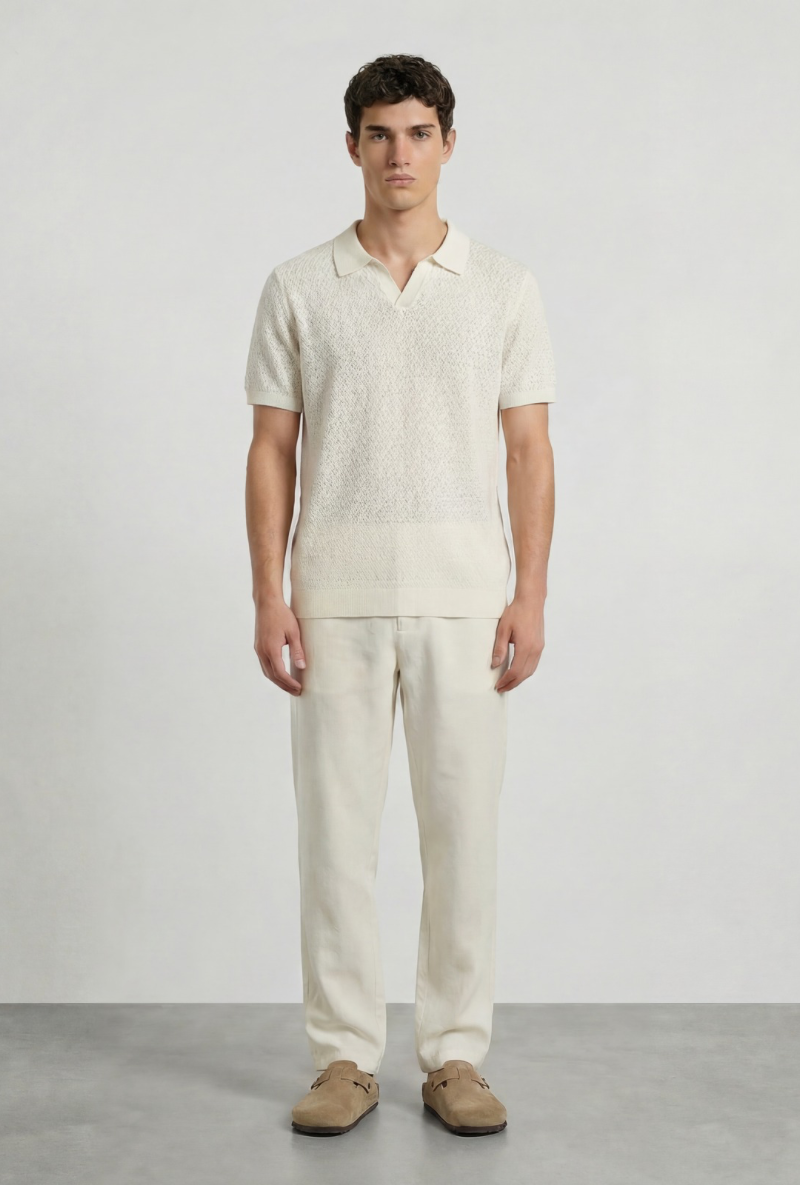 Front image of a model wearing Deep ryker open neck polo in beige, by brand Deep