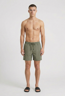 Front image of a model wearing the Deep sharky swimshorts in khaki, by brand Deep