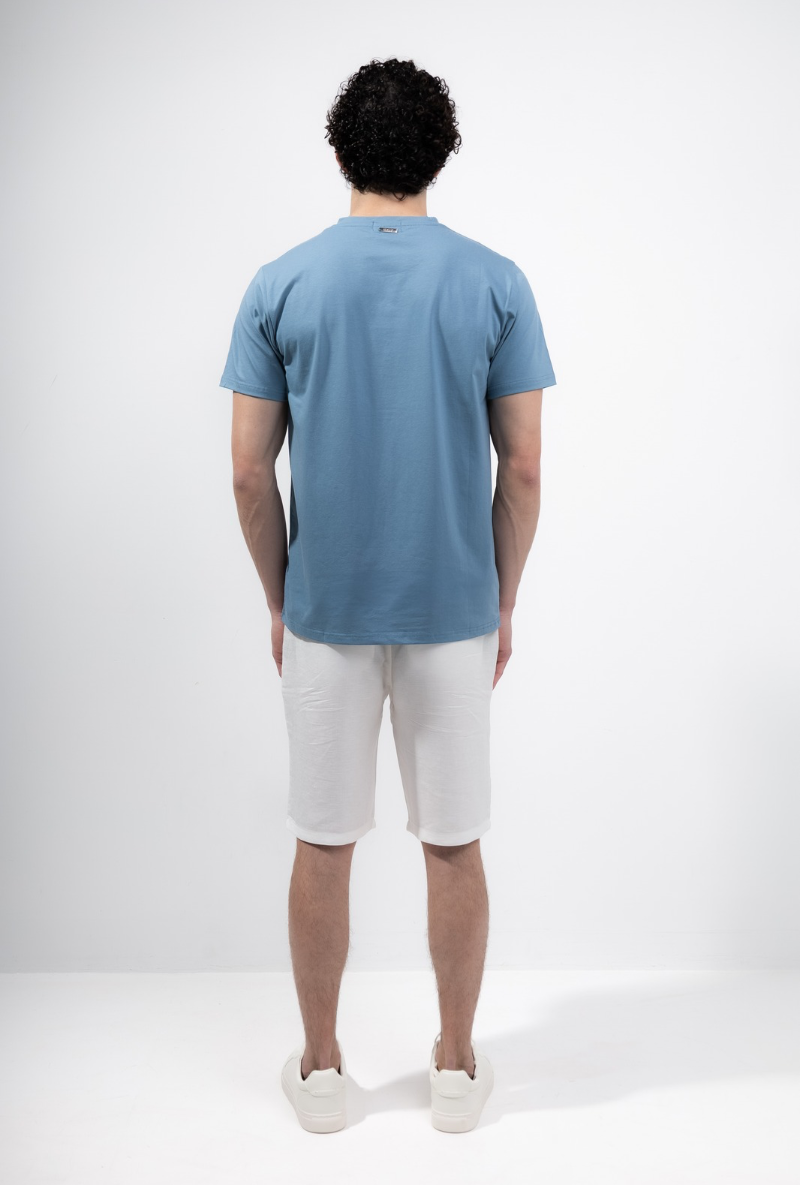 Back image of a model wearing Deep troy ss tshirt in denim, by brand Deep
