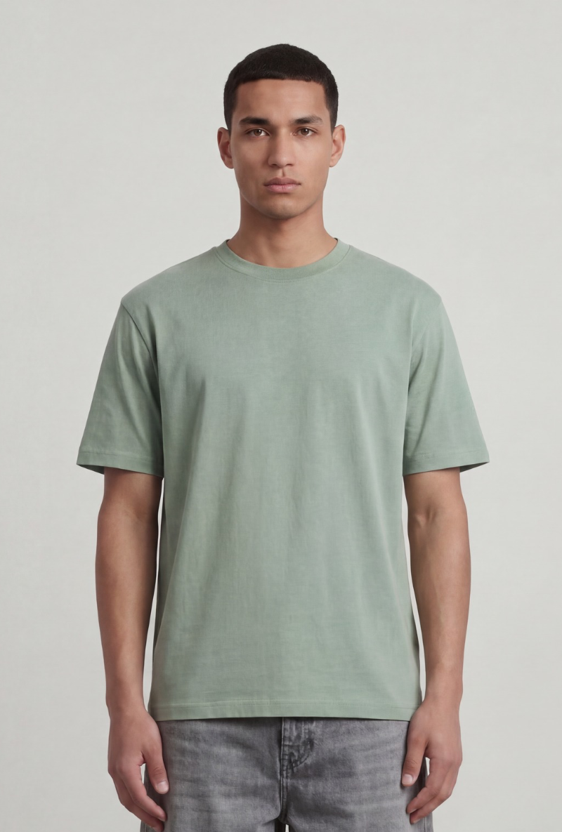 Front image of a model wearing Deep troy s/s tshirt in khaki, by brand Deep