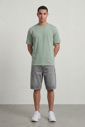 Front image of a model wearing the Deep troy tshirt in khaki, by brand Deep