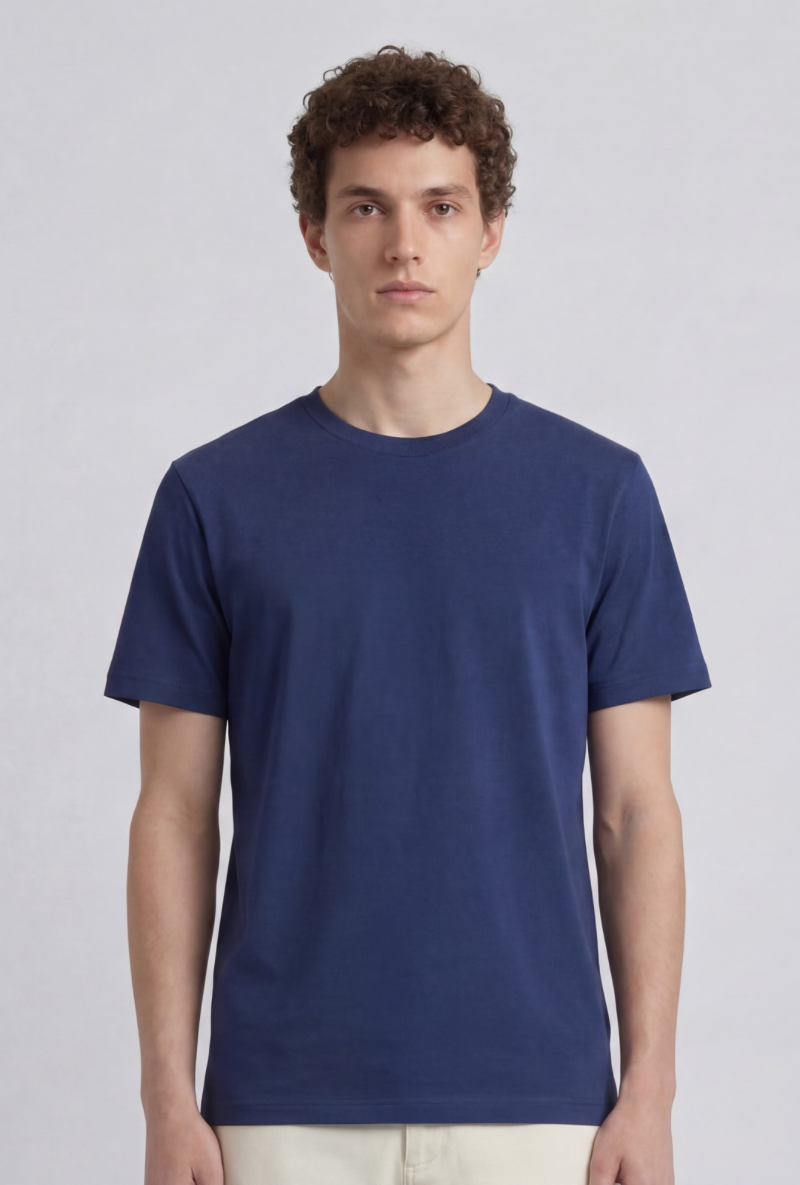Front image of a model wearing Deep troy s/s tshirt in navy, by brand Deep