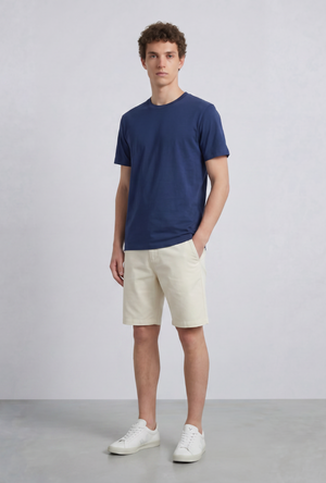 Front image of a model wearing the Deep troy tshirt in navy, by brand Deep