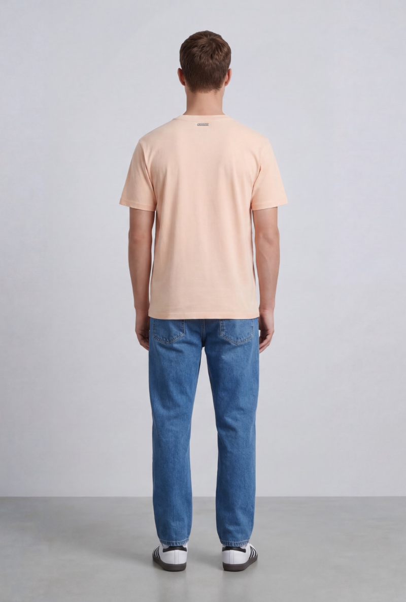 Back image of a model wearing Deep troy s/s tshirt in peach, by brand Deep