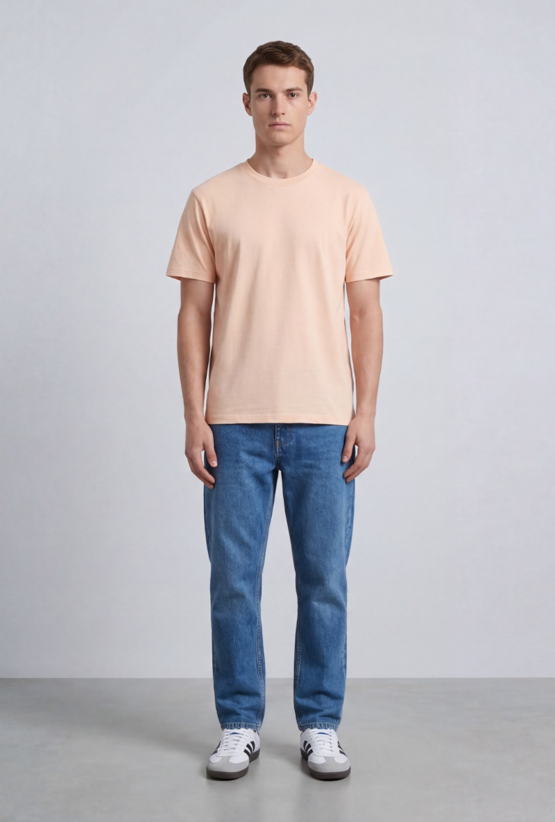 Front image of a model wearing Deep troy s/s tshirt in peach, by brand Deep