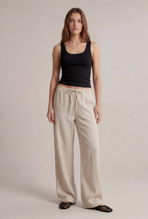 Front image of Deepstar amara linen trousers in stone, by brand Deep star
