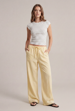 Front image of the Deepstar amara linen trousers in yellow, by brand Deep star